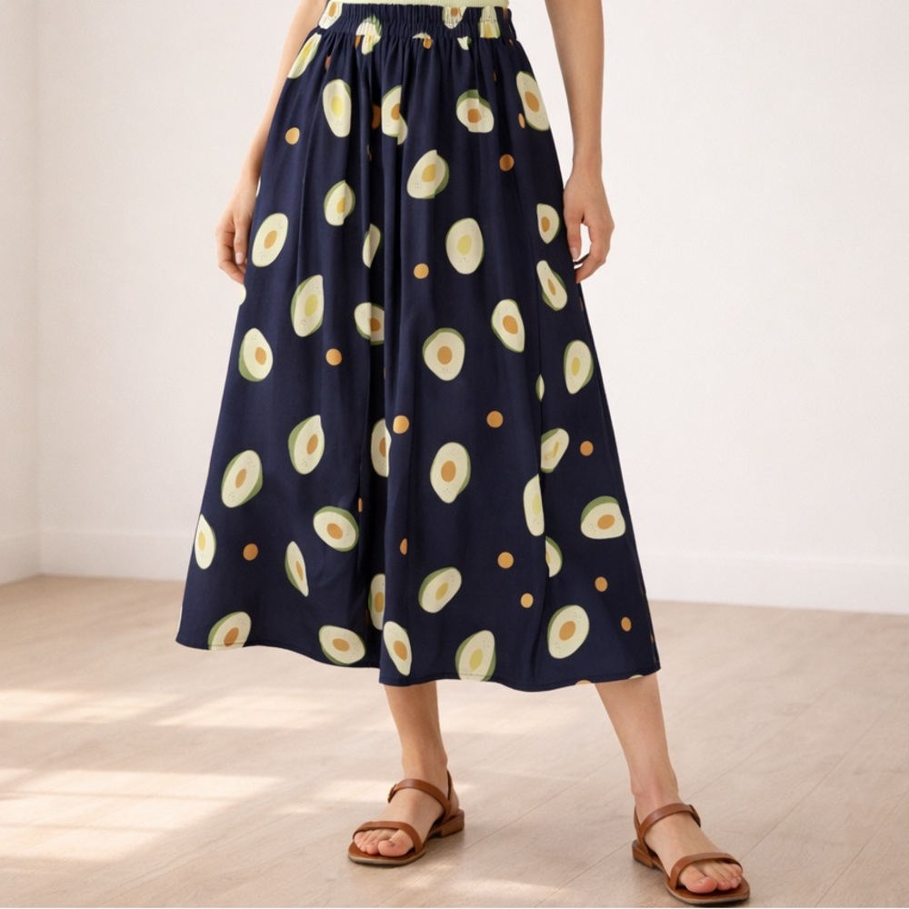 Cellabie Skirt Smiling Avocado Print Midi Novelty Skirt Navy Blue XXS One Size - Picture 11 of 11